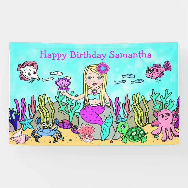 Blonde Mermaid Under the Sea Birthday Banner (Horizontal)