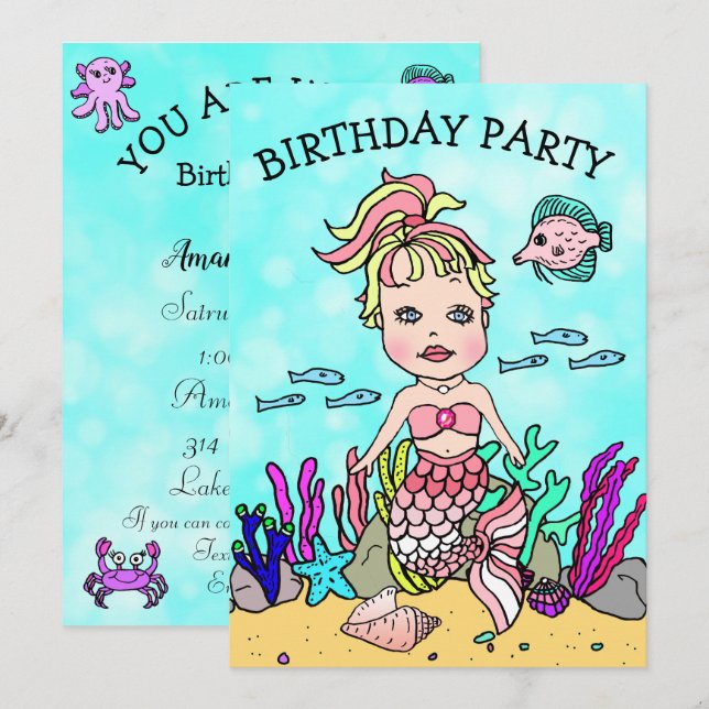 Blonde Mermaid Under the Sea Birthday Party Invitation (Front/Back)