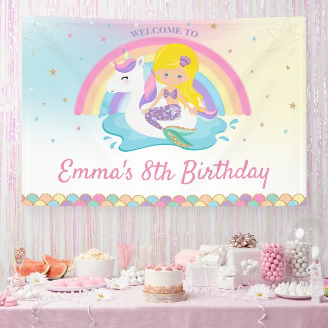 Blonde Mermaid Unicorn Pool Birthday Welcome  Banner (Party)