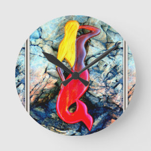 blonde mermaid with red tail round clock