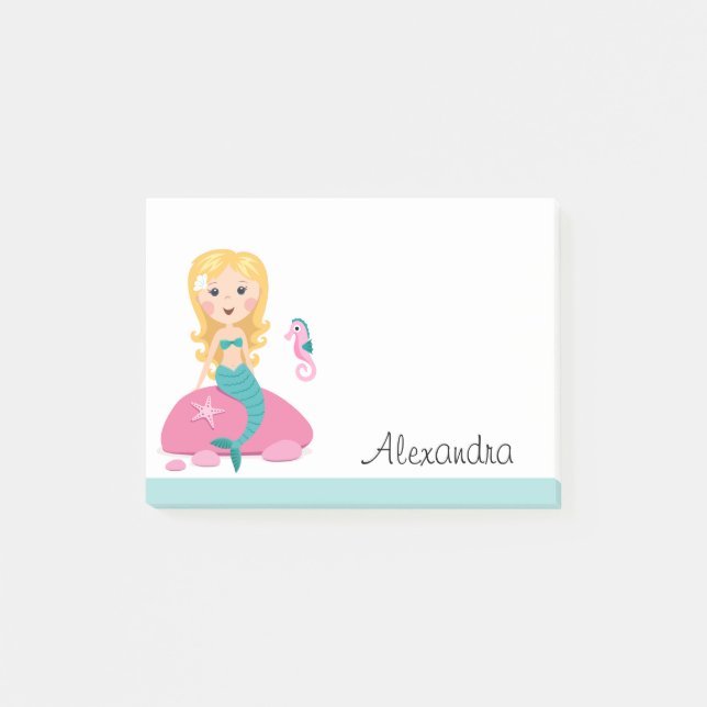 Blonde mermaid with seahorse personalised name post-it notes (Front)