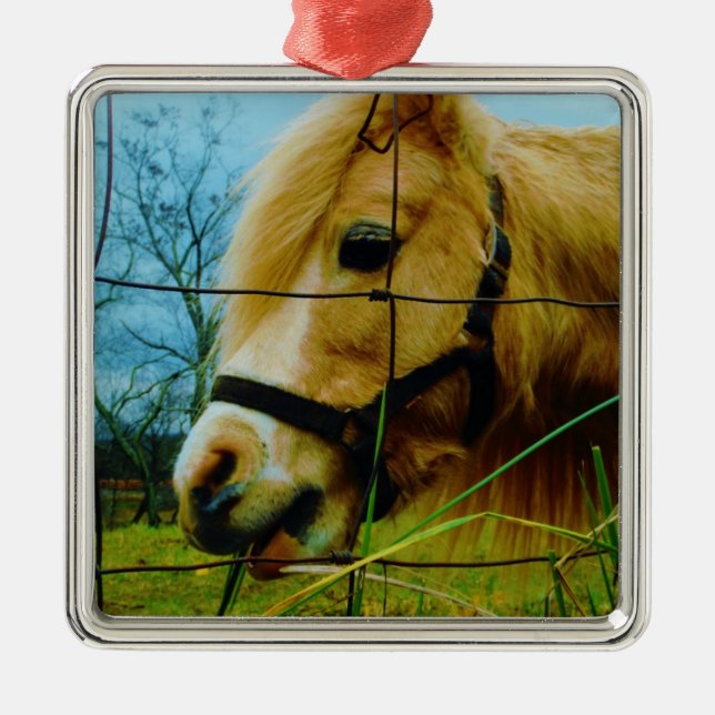 Blonde Miniature Pony / Horse Blue Sky Metal Tree Decoration (Front)