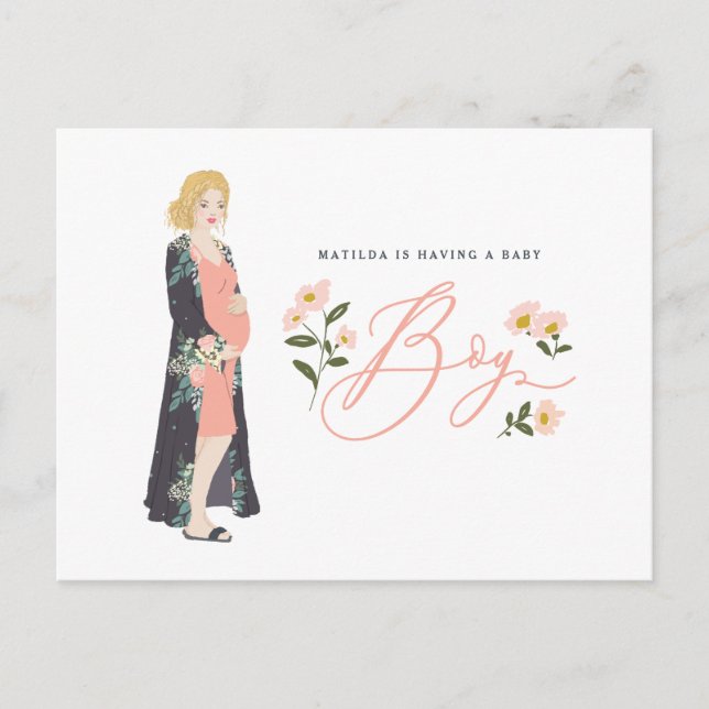 Blonde mum to be of a boy baby shower invite postcard (Front)