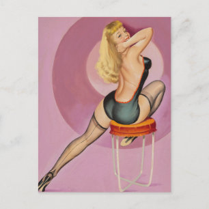 Blonde On Stool Looking Back Pin Up Postcard