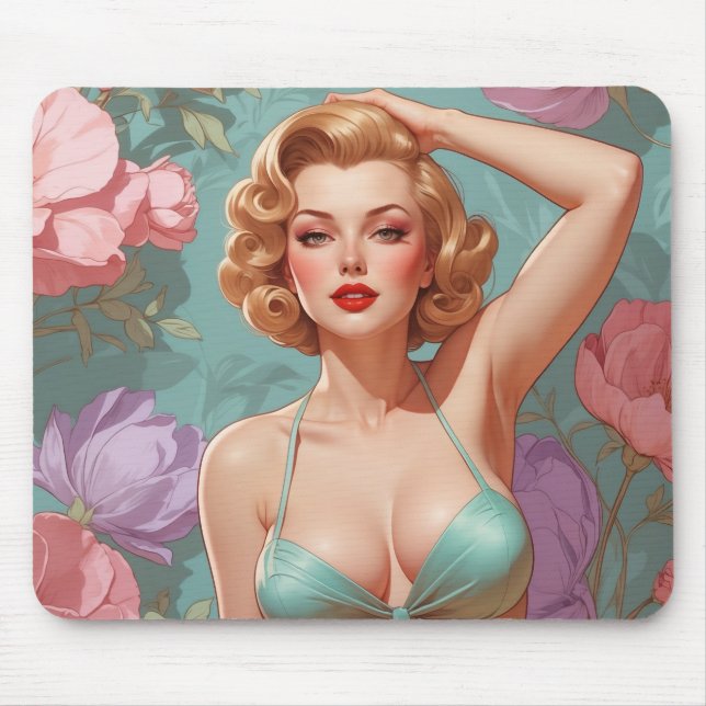 Blonde Pin-Up Pastel Flowers  Mouse Mat (Front)