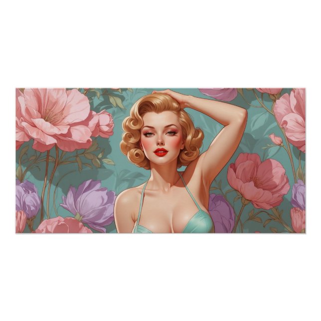 Blonde Pin-Up Pastel Flowers  Poster (Front)