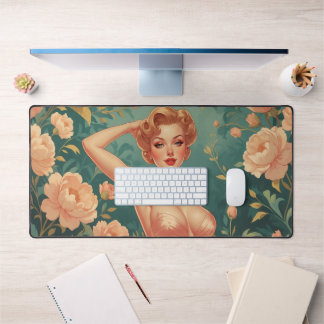 Blonde Pin-Up Pink Pastel Flowers Metal Art Desk Mat
