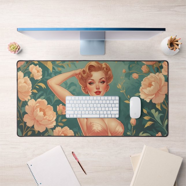 Blonde Pin-Up Pink Pastel Flowers Metal Art Desk Mat (Office 1)