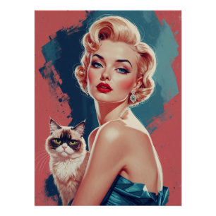 Blonde Pin-Up with Grumpy Cat Poster