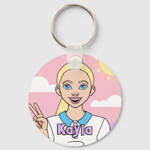 Blonde Pink Cartoon Girl School Student Library To Key Ring