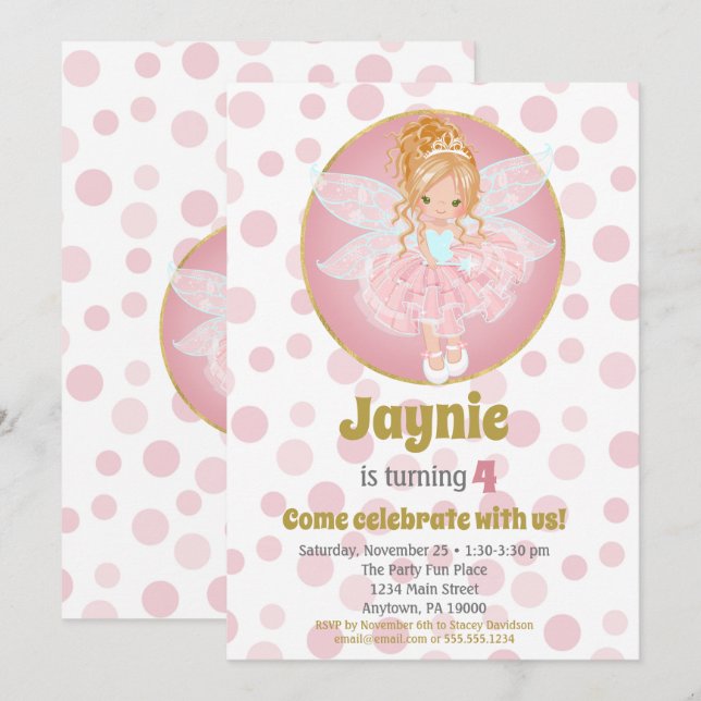Blonde Pink Fairy Girls Birthday Invitation (Front/Back)