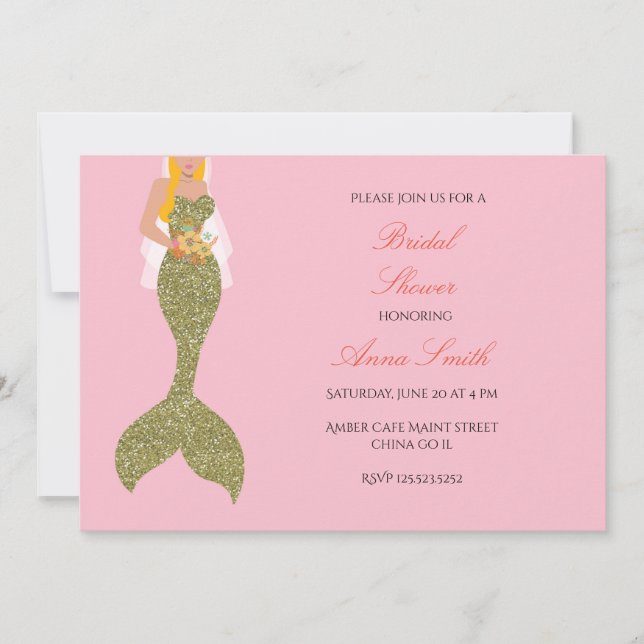 Blonde pink mermaid bridal shower invitation (Front)