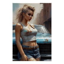 Blonde Pinup artwork classic car
