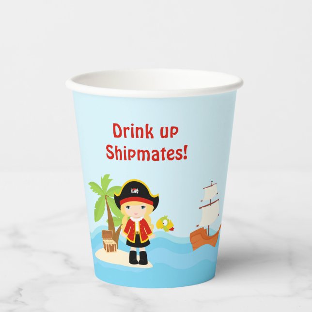 Blonde Pirate Girl in Red Birthday Party Paper Cups (Front)