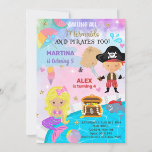 Blonde Pirate & Mermaid siblings birthday invite. Invitation