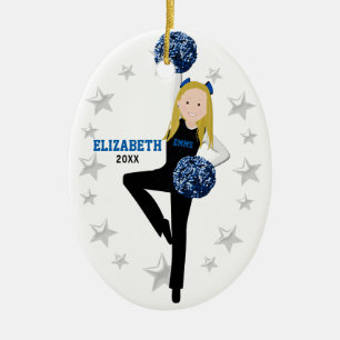 Blonde Pom Squad in Black, Blue & White Ceramic Tree Decoration
