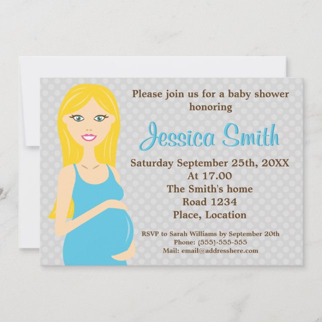 Blonde Pregnant Woman In Blue Dress Baby Shower Invitation (Front)
