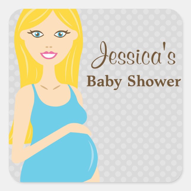 Blonde Pregnant Woman In Blue Dress Baby Shower Square Sticker (Front)