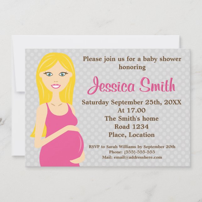 Blonde Pregnant Woman In Pink Dress Baby Shower Invitation (Front)