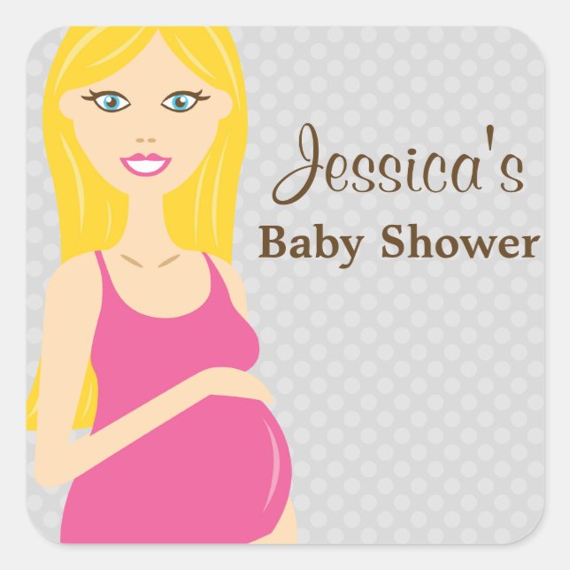 Blonde Pregnant Woman In Pink Dress Baby Shower Square Sticker (Front)