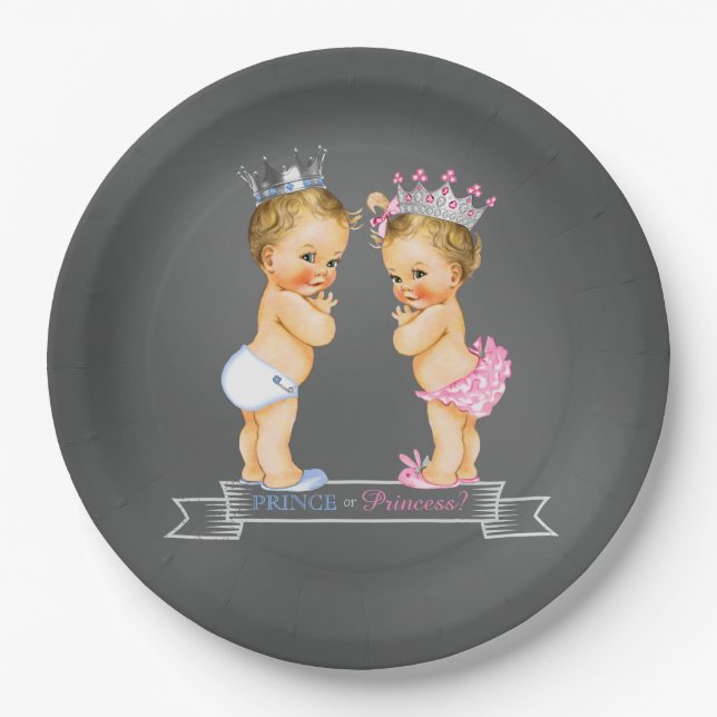 Blonde Prince and Princess Chalkboard Baby Shower Paper Plate (Front)