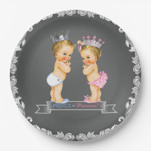 Blonde Prince and Princess Chalkboard Baby Shower Paper Plate