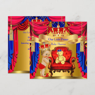 Blonde Prince Baby Shower Gold Bear Red Blue Invitation