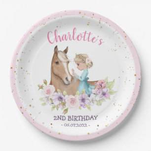 Blonde Princess and Brown Horse Birthday Paper Plate