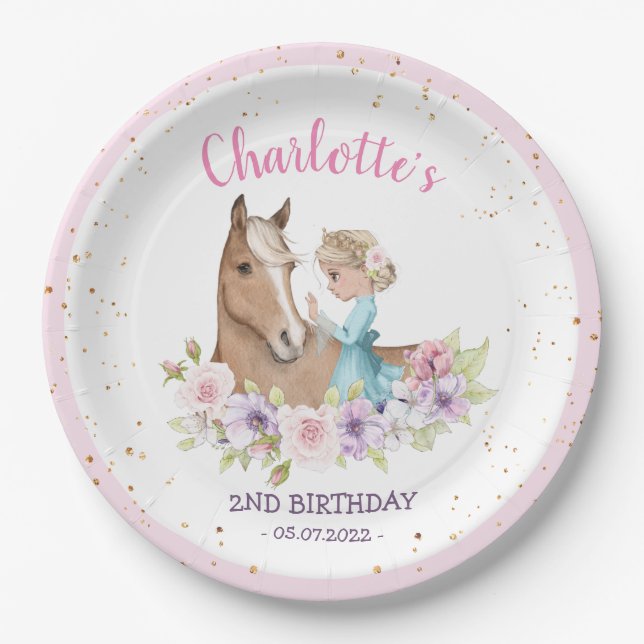 Blonde Princess and Brown Horse Birthday  Paper Plate (Front)