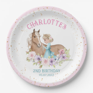 Blonde Princess and Brown Horse Birthday Paper Plate
