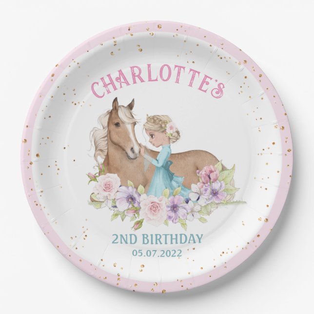 Blonde Princess and Brown Horse Birthday Paper Plate (Front)