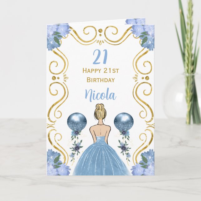 Blonde Princess Blue Happy Birthday Card (Front)