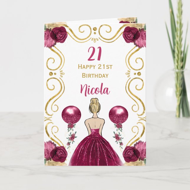 Blonde Princess Burgundy Happy Birthday Card (Front)