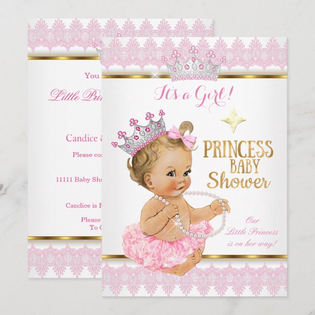 Blonde Princess Girl Baby Shower Pink Gold Tutu Invitation (Front/Back)