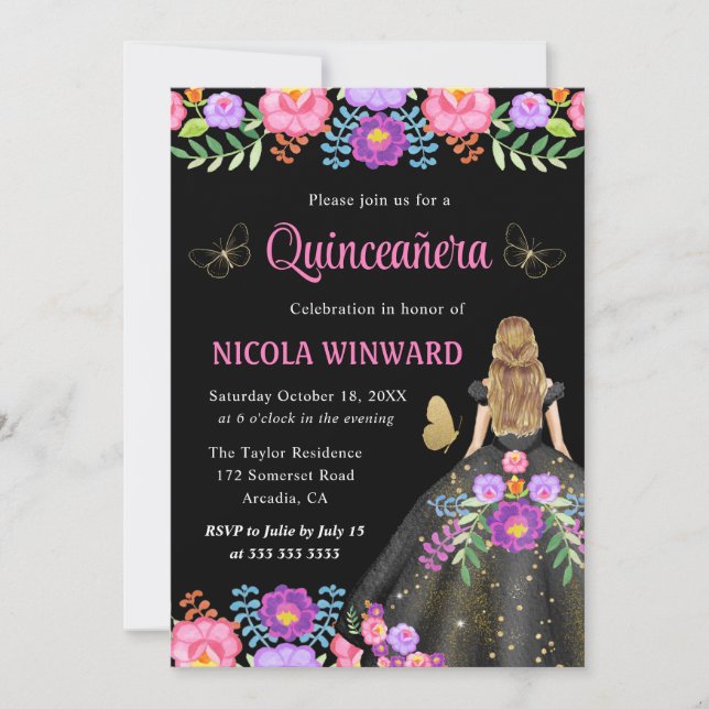 Blonde Princess Mexican Floral Dress Quinceanera Invitation (Front)