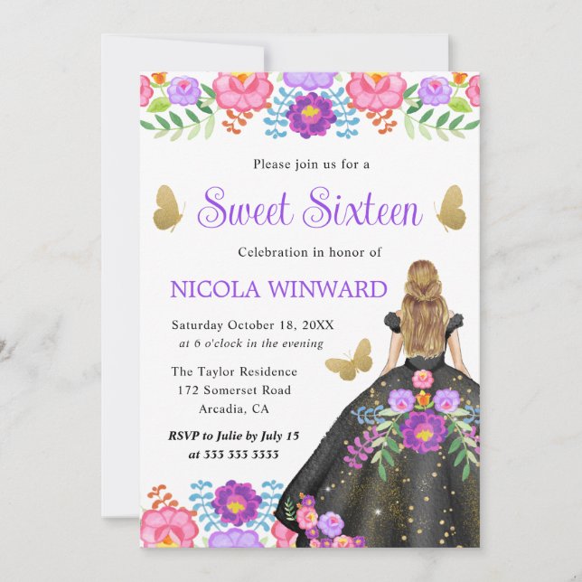 Blonde Princess Mexican Floral Dress Sweet 16 Invitation (Front)
