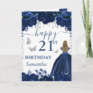 Blonde Princess Navy Blue Dress Birthday Card