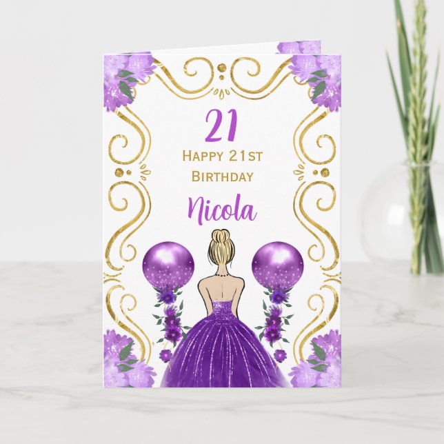 Blonde Princess Purple Happy Birthday Card (Front)