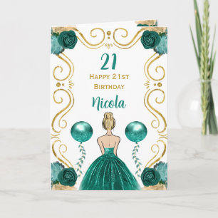 Blonde Princess Teal Happy Birthday Card