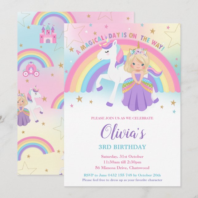 Blonde Princess Unicorn Birthday Party Rainbow  Invitation (Front/Back)
