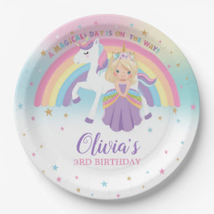 Blonde Princess & Unicorn Birthday Party Rainbow Paper Plate