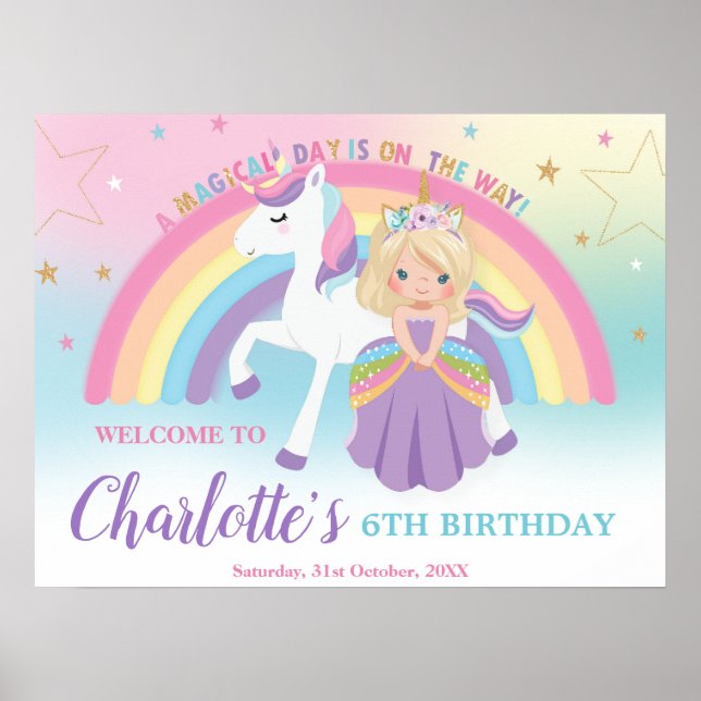 Blonde Princess Unicorn Birthday Rainbow Welcome Poster (Front)