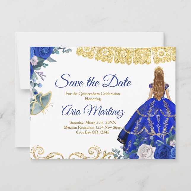 Blonde Quinceañera 15 Anos Blue Save the Date Thank You Card (Front)