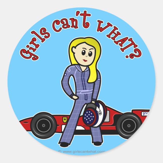 Blonde Race Car Driver Girl Classic Round Sticker (Front)