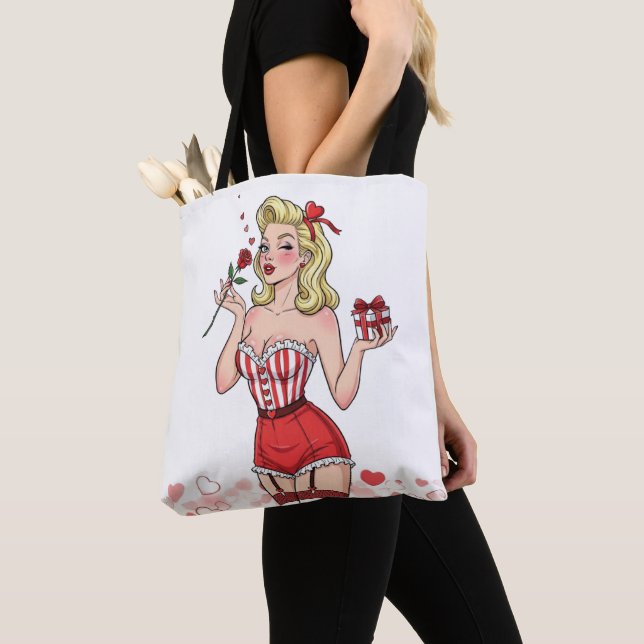 Blonde Retro Valentine Pin-Up Girl Tote Bag (Close Up)