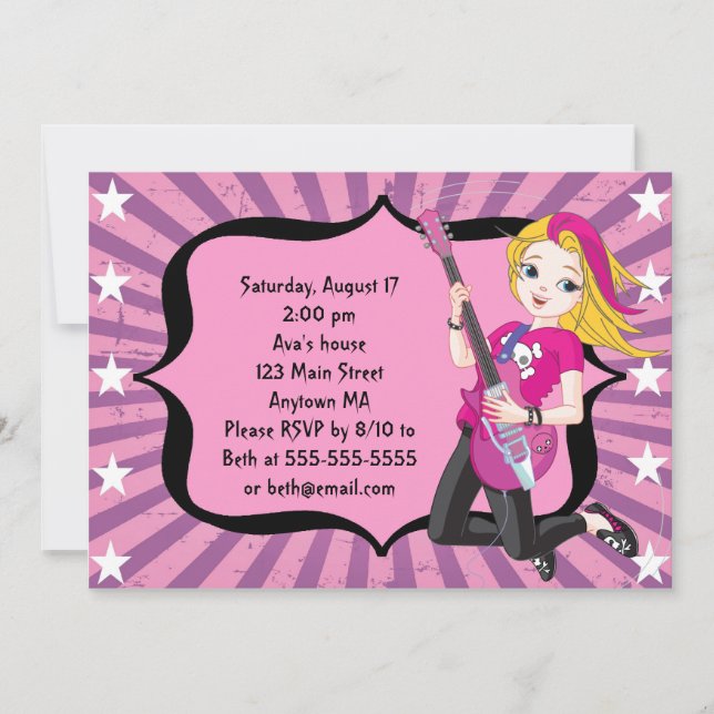 Blonde Rock Star Girl Birthday Invitation (Front)