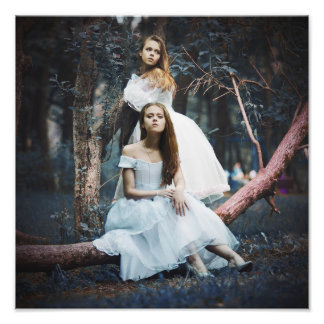 Blonde Sisters in White Dresses Forest Scene Wall  Photo Print