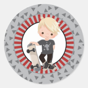 Blonde Skateboard Boy - Grey Red Classic Round Sticker