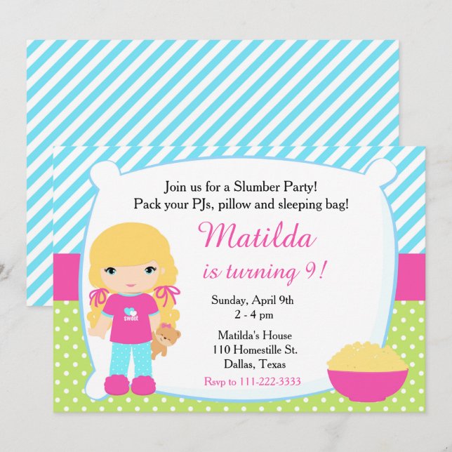 Blonde Sleepover Slumber Party Birthday Invitation (Front/Back)