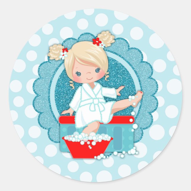 Blonde Spa Girl Bubbles Turquoise Red White Classic Round Sticker (Front)